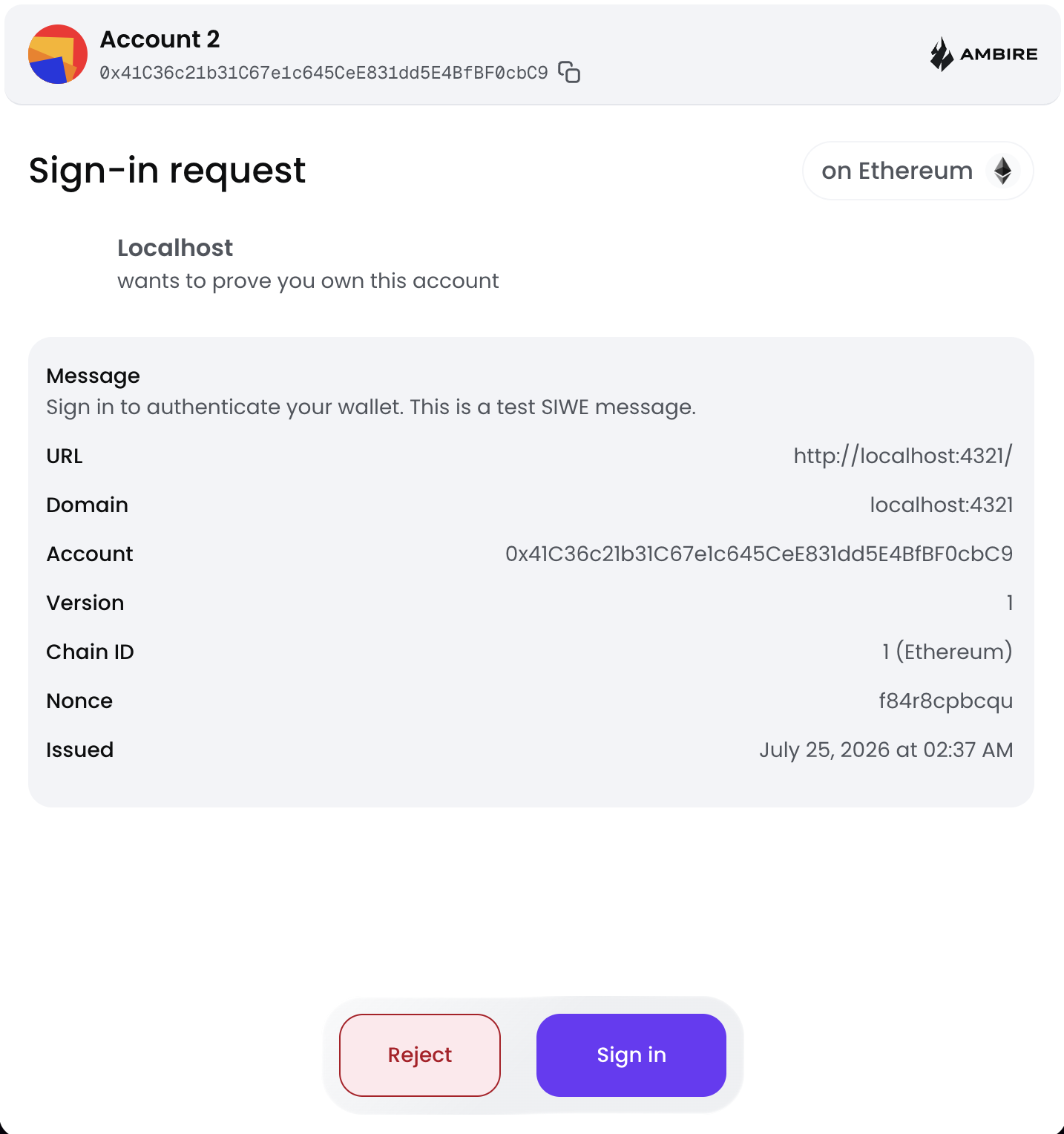 Ambire sign-in dialog for an ERC-4361 signature request