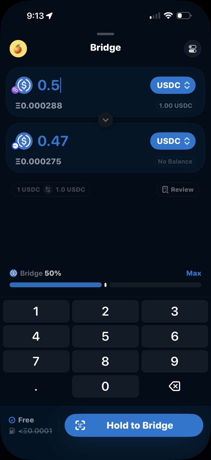 Rainbow mobile app screenshot of the bridge amount-entry screen showing only a gas estimate
