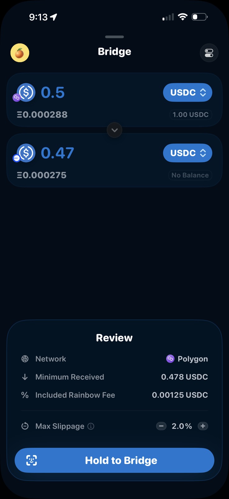 Rainbow mobile app screenshot of the bridge Review screen with itemized fees