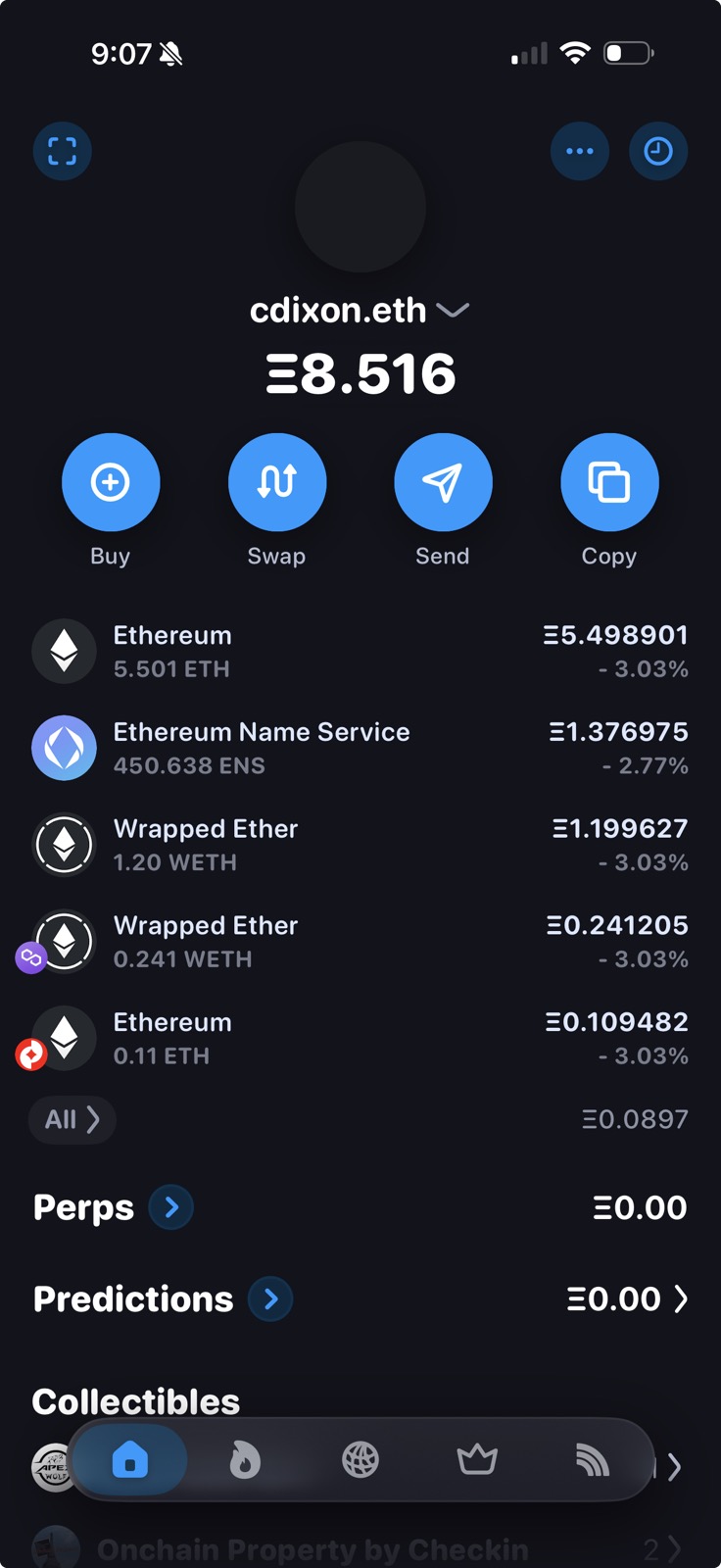 Rainbow mobile app screenshot of the home screen showing per-chain token balances