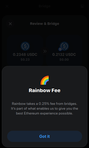 Rainbow browser extension "Rainbow Fee" note disclosing the bridge fee as 0.25%