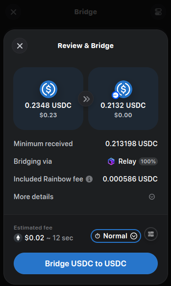 Rainbow browser extension bridge Review panel itemizing the "Included Rainbow fee" (0.000586 USDC) alongside the network fee