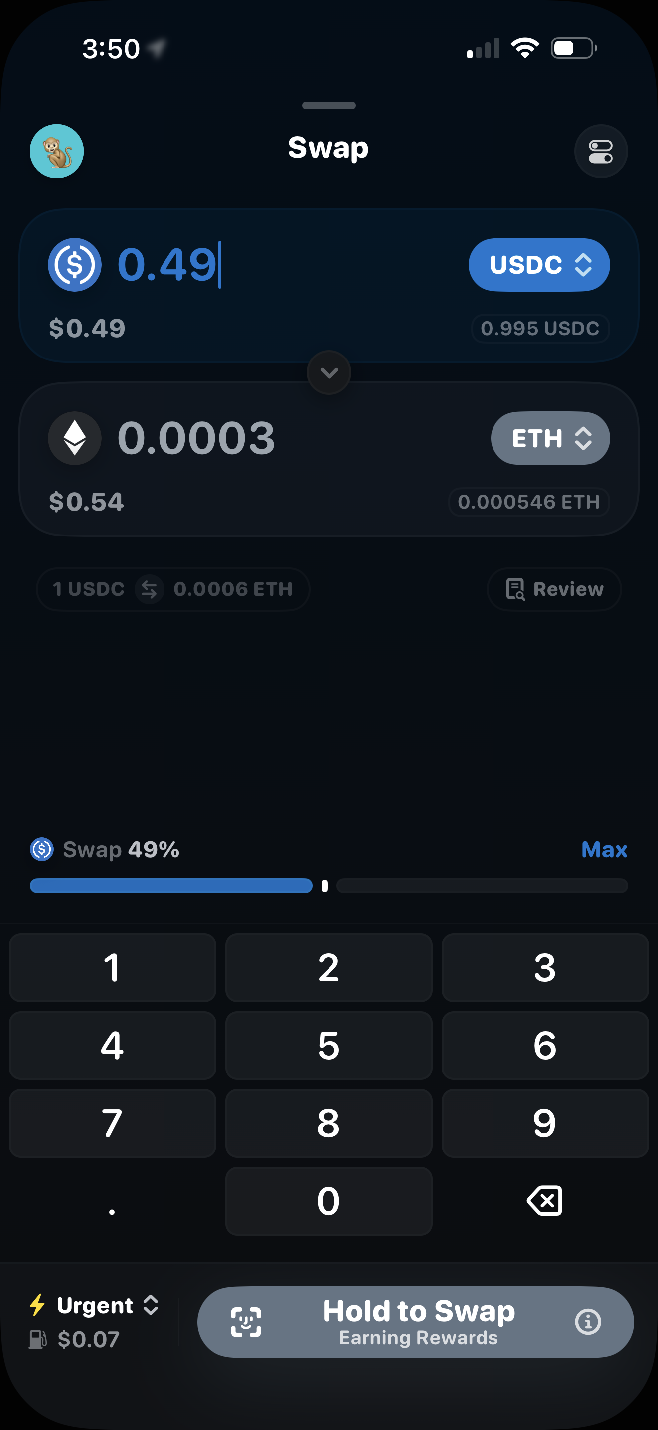 Rainbow iOS built-in swap screen showing a network-fee estimate by default, with the Rainbow service fee not itemized