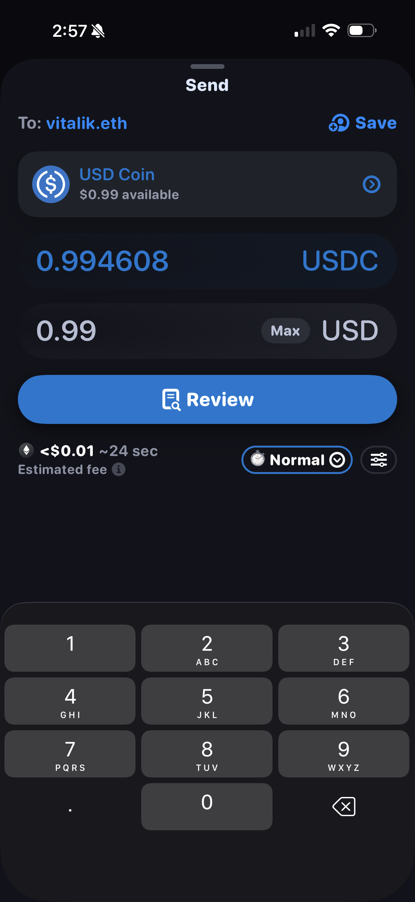 Rainbow iOS USDC (ERC-20) send screen showing a single aggregate "Estimated fee" figure by default, with no itemized breakdown