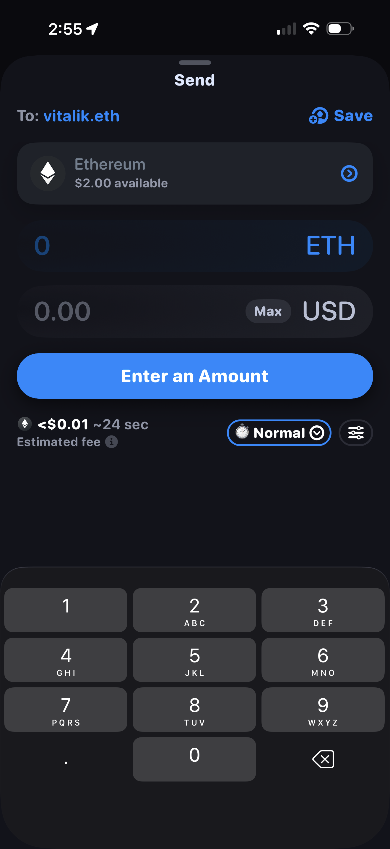 Rainbow iOS ETH send screen showing a single aggregate "Estimated fee" figure by default, with no itemized breakdown