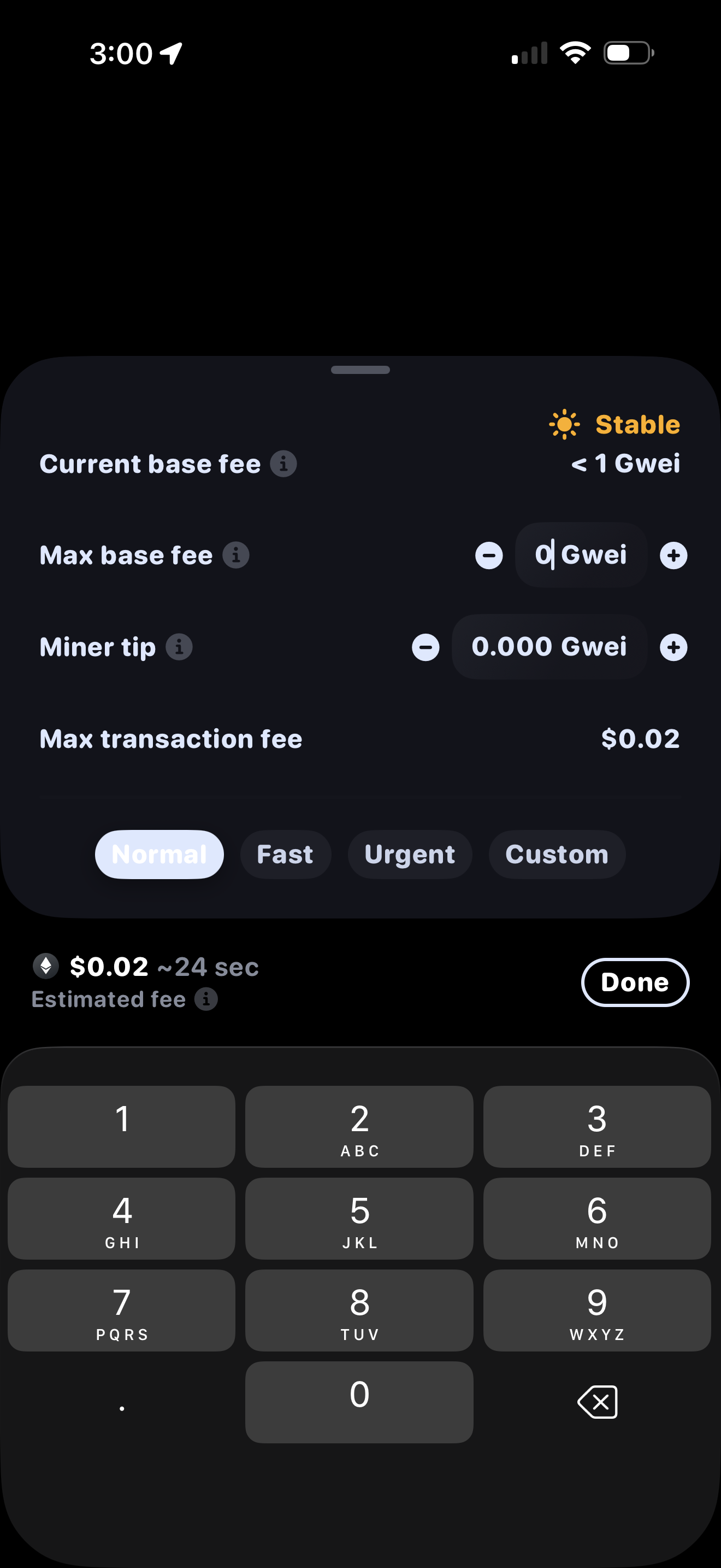 Rainbow iOS gas-fee options sheet (one tap from the transaction screen) itemizing current base fee, max base fee, miner tip, and max transaction fee