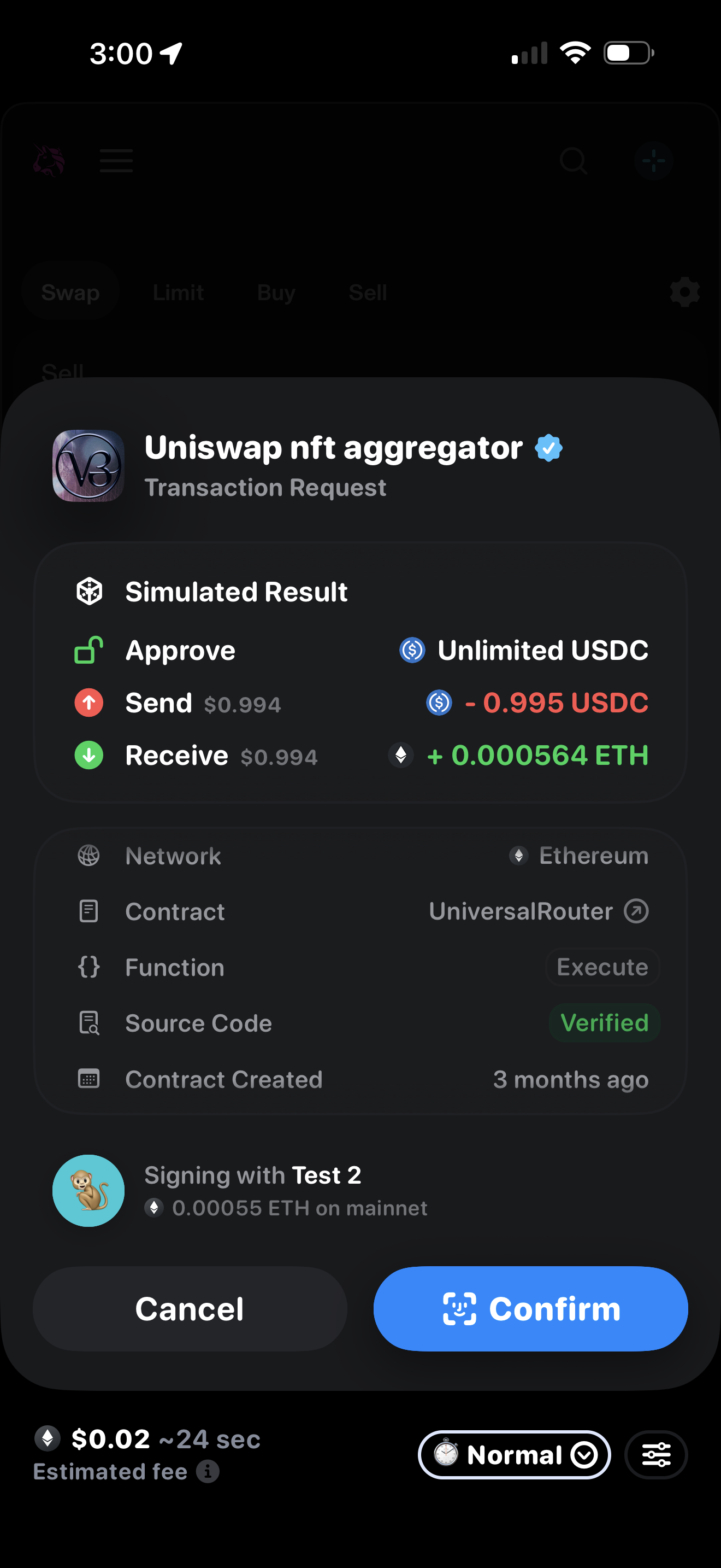 Rainbow iOS transaction approval for a USDC-to-ETH swap initiated on app.uniswap.org, with transaction details expanded; the fee is the single aggregate "Estimated fee"