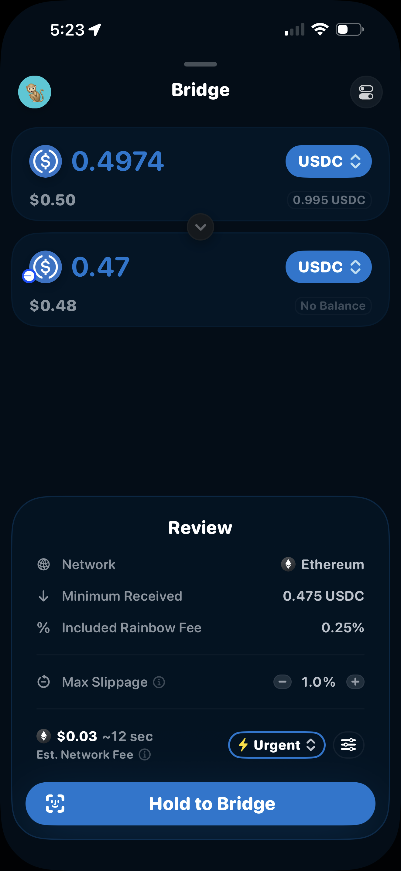 Rainbow iOS bridge Review showing the Included Rainbow Fee as 0.25% after tapping the fee line