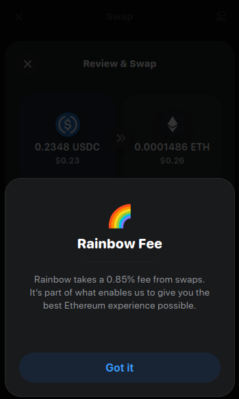 Rainbow browser extension "Rainbow Fee" note disclosing the swap fee as 0.85%