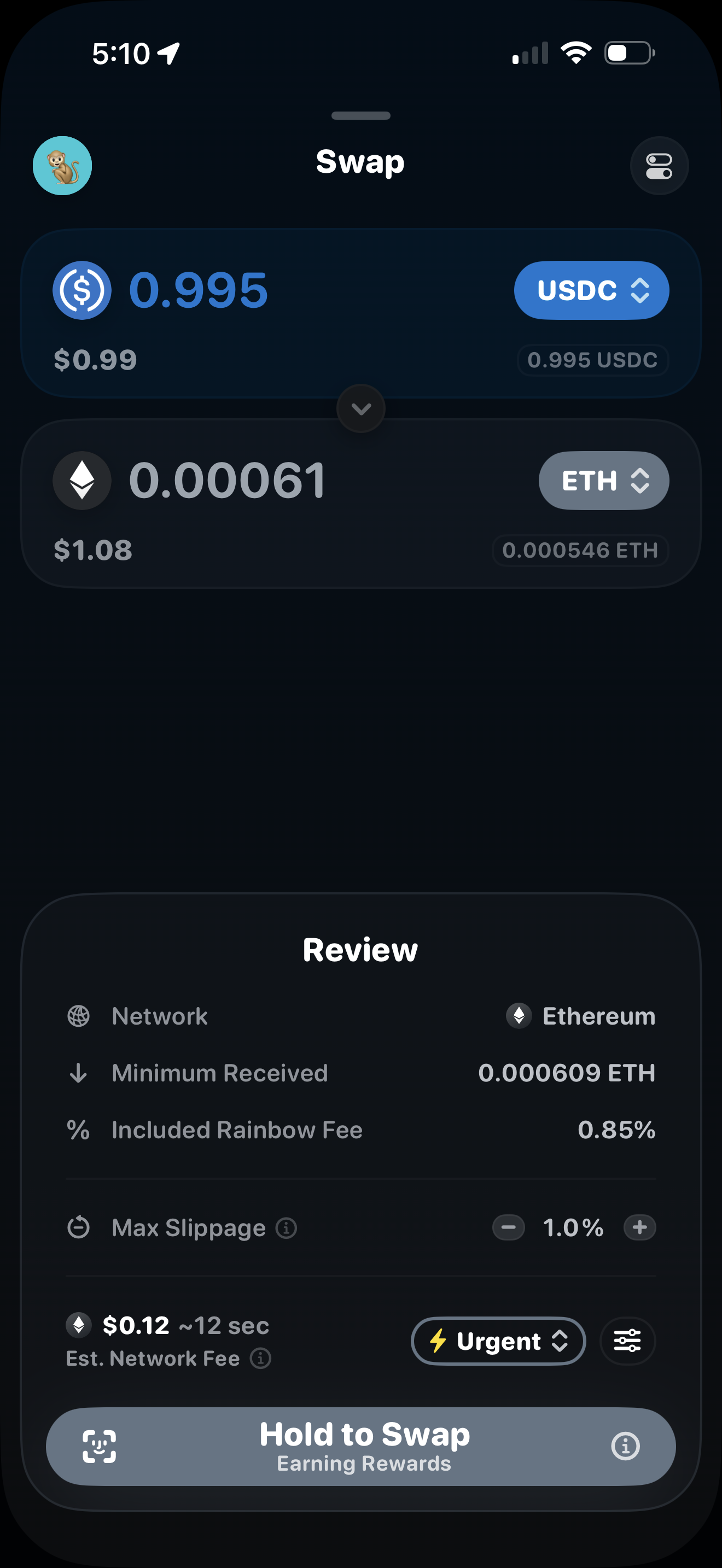Rainbow iOS swap Review showing the Included Rainbow Fee as 0.85% after tapping the fee line