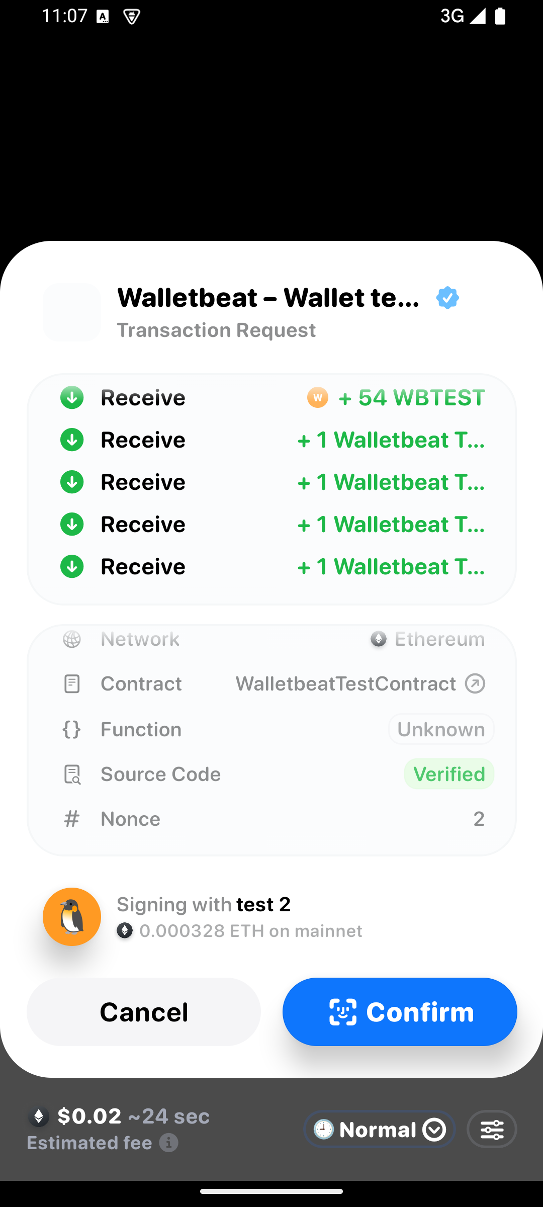 Rainbow mobile transaction request for Walletbeat's test contract with no risk warning.