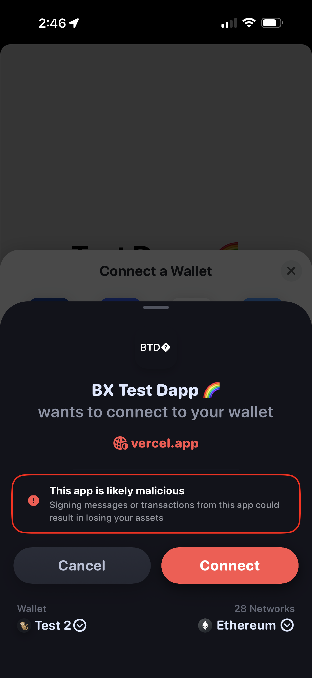 Rainbow mobile connection screen for a flagged app, showing its address in red and an alert reading "This app is likely malicious".