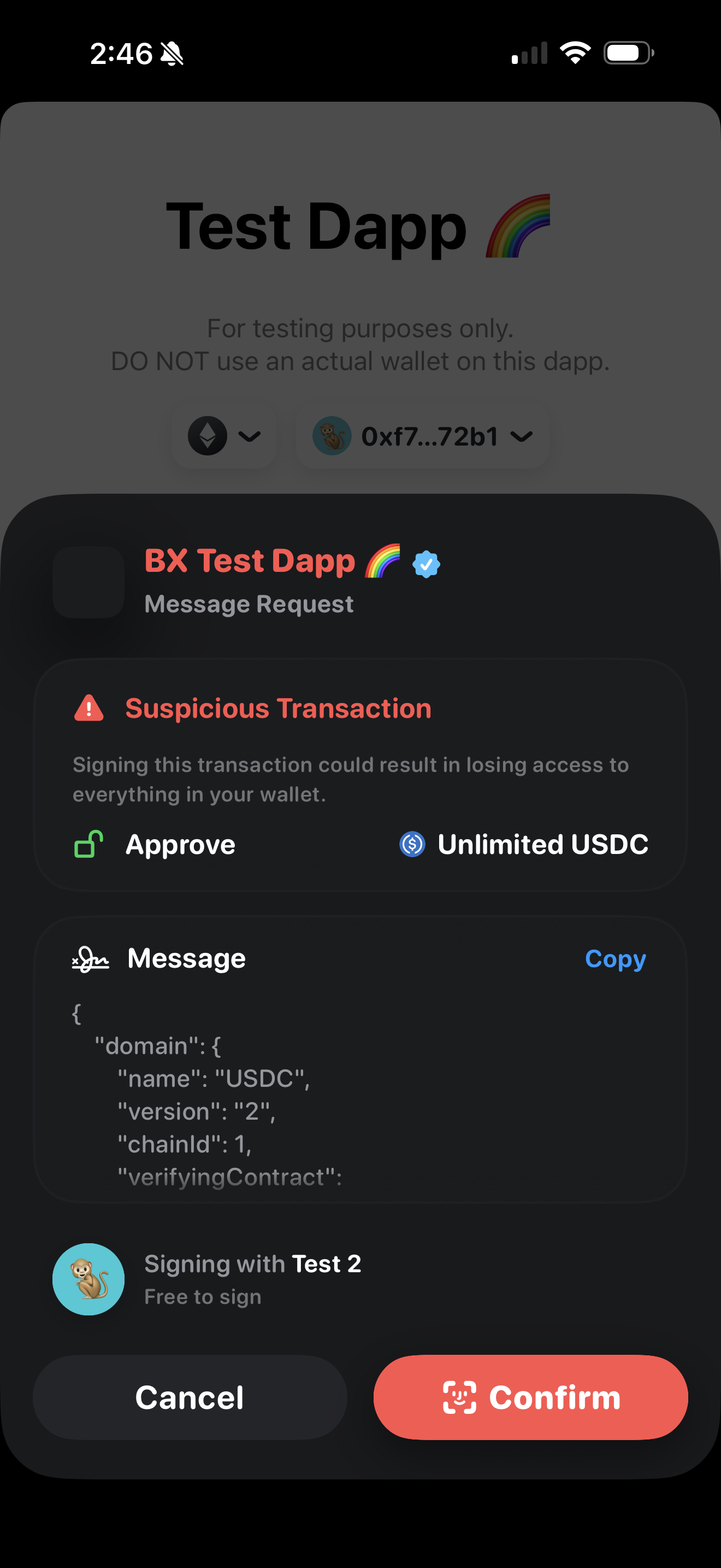 Rainbow mobile signature request from a flagged app, showing a "Suspicious Transaction" warning above an unlimited USDC approval.