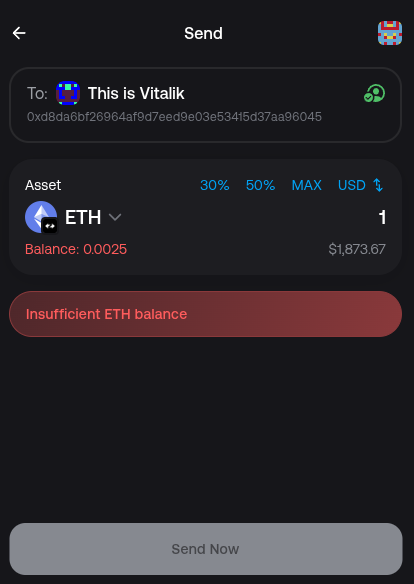 Zerion flags a recipient address as already in the address book when sending
