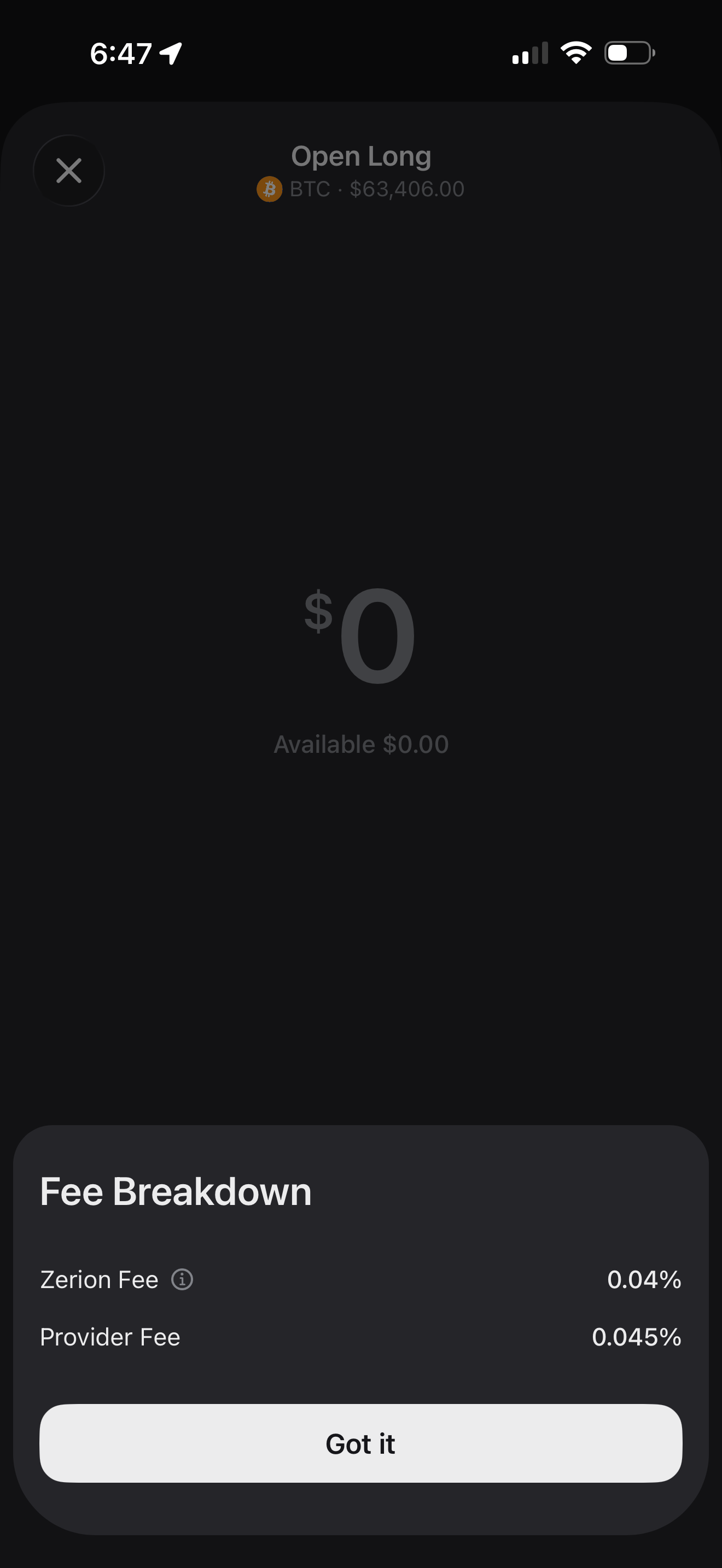 Mobile perpetuals fee breakdown