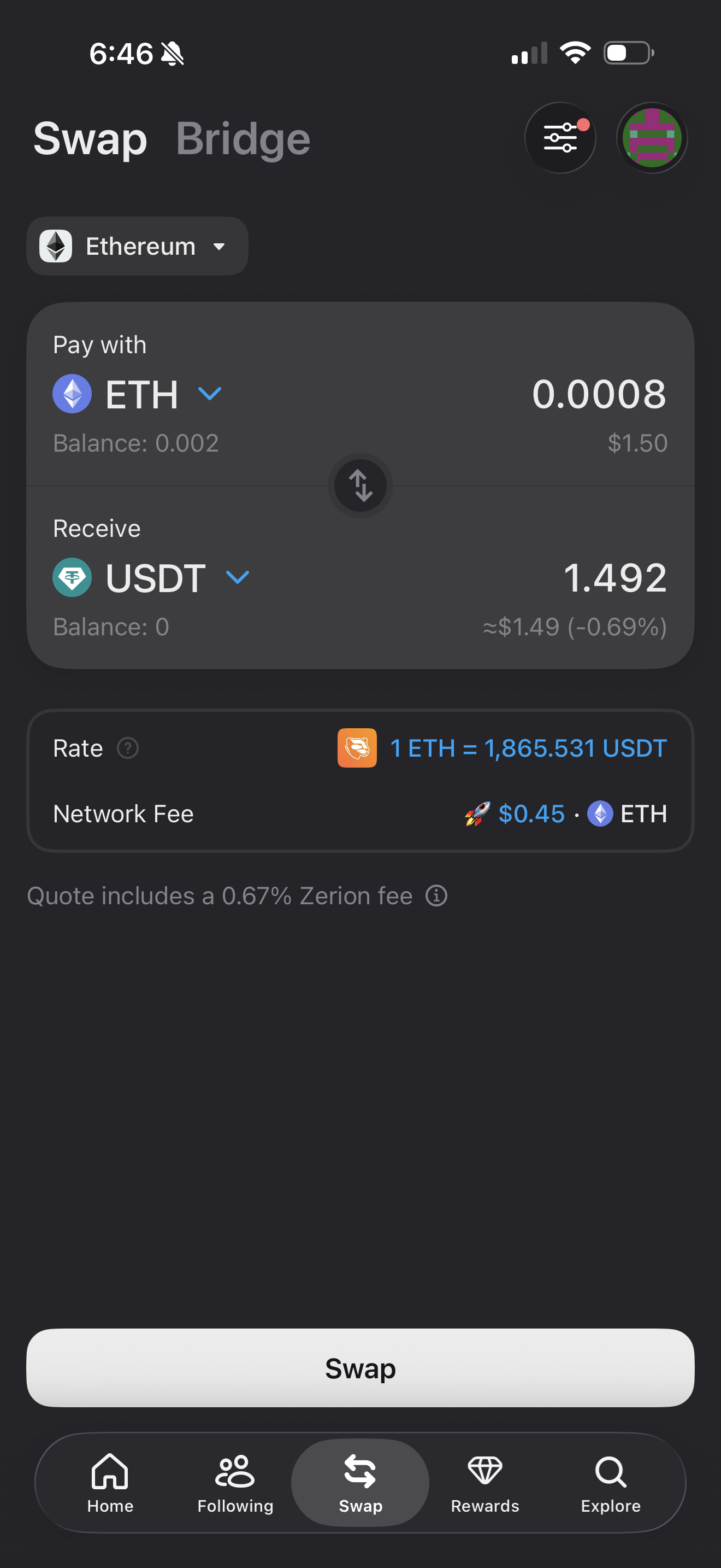 Mobile swap screen showing the service fee